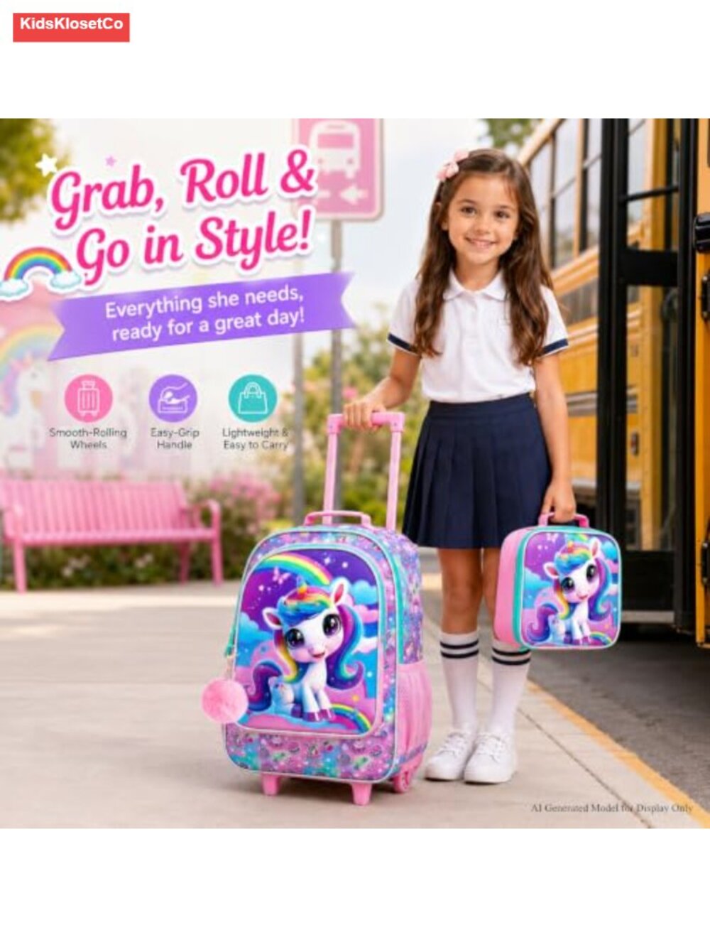 3PCS Rolling Backpack for Girls, Kids Wheeled Bookbag with Lunch Bag & Pencil - Picture 6 of 6